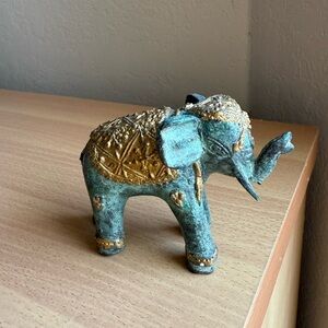 Vintage Elephant figurine Cast Iron Metal Painted Gilt Green Gold